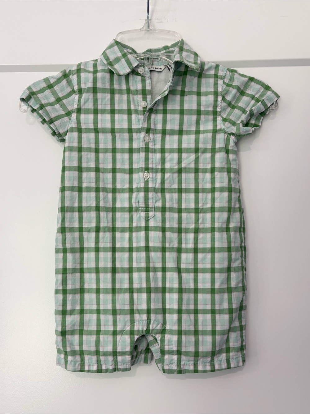 Janie & Jack Green Plaid Button Up Collared Romper 12/18 months